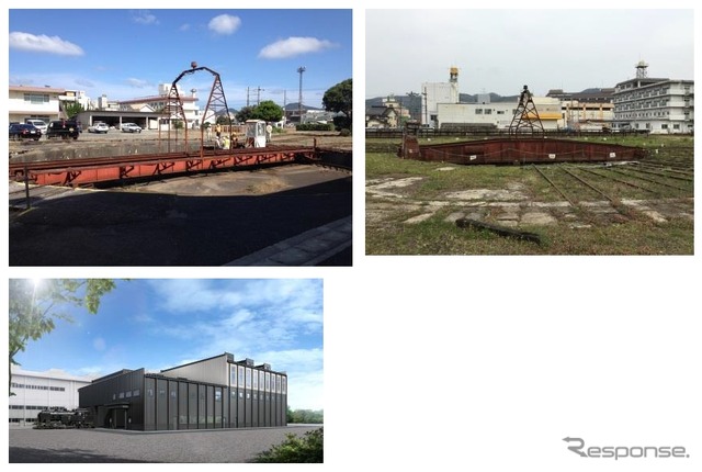 転車台はJR西日本から長門市駅(左上)と三次駅(右上)のものを譲り受ける。蒸気機関車の検修庫(下)も整備される。