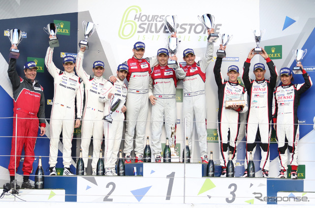レース直後の暫定表彰式は、1位 #7 アウディ、2位 #2 ポルシェ、3位 #6 トヨタという「到達順位」に基づいて行なわれた。