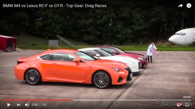 レクサスRCF、日産GT-R、BMWM4クーペの加速競争映像を公開した『TopGear』