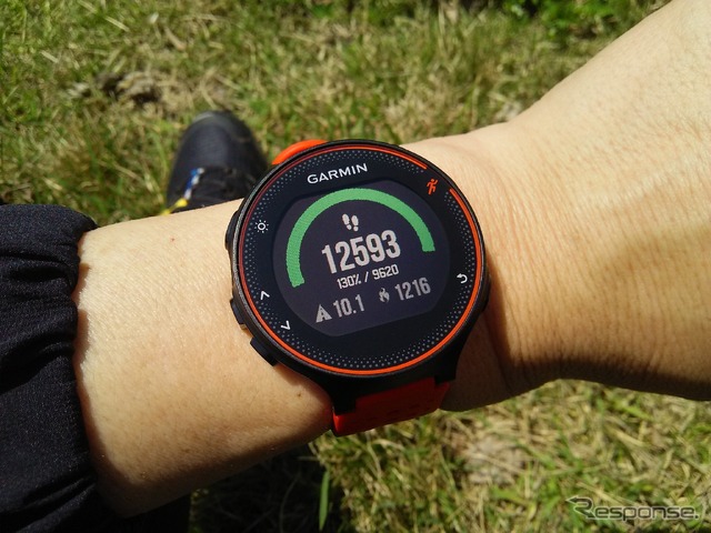 1日の目標歩数を達成すると緑色のラインになる。達成率は130%。ここまで10.1km、1216カロリーを消費