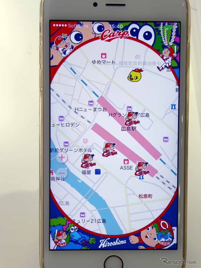 「鯉するマップ~女子マップ~」では地図上にカープ関連の施設がカープ坊やでガイド