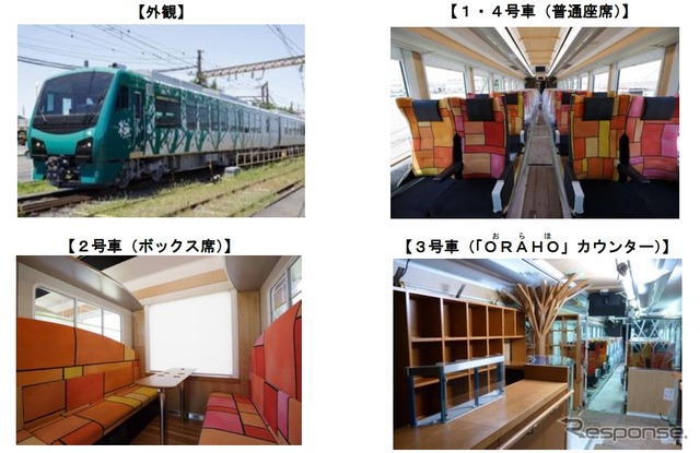 新型「ブナ」編成の外観と各車両の車内。3号車カウンター「ORAHO(おらほ)」では五能線沿線の地酒やコーヒーを販売する。
