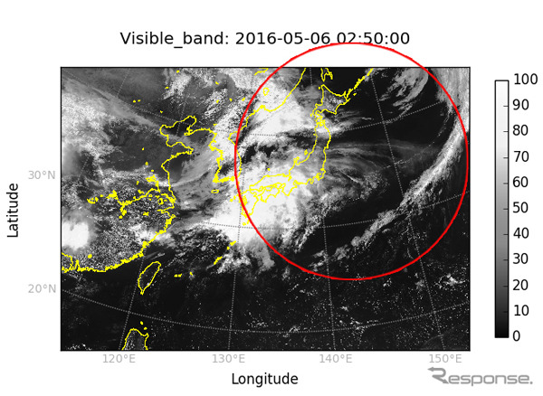 2016年5月6日11時30分の気象衛星「ひまわり」画像 赤い円はDIWATA-1衛星運用チームにて追加