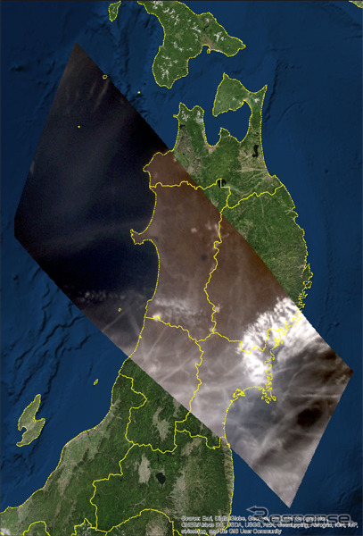 DIWATA-1搭載広視野カラーカメラ(MFC)により撮影された東北地方の画像を地図上に投影したもの