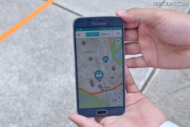 ドライバーはスマホで空いている駐車場を探すことができる。マップ表示及びリスト表示が可能(撮影:防犯システム取材班)