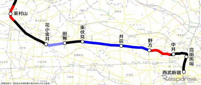 西武新宿線では中井~野方間と東村山駅付近で連立事業による地下化・高架化工事が進められている(赤)。西武鉄道は野方~井荻~東伏見間(青)も連立事業の早期事業化を目指す方針。