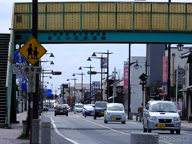 葛生駅の北側に広がる中心街、県道「葛生停車場線」