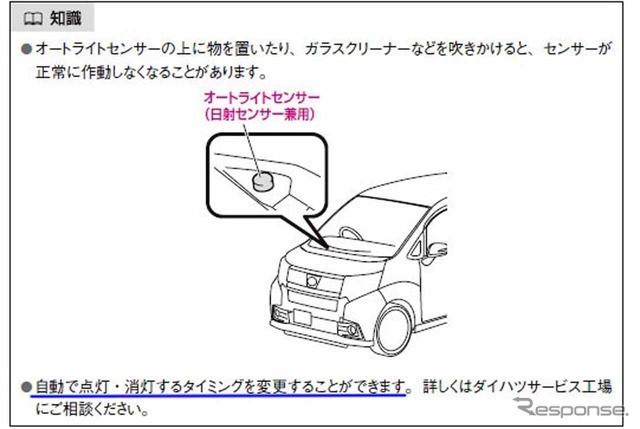 仕様変更となったムーブの取扱説明書より抜粋。オートライトの点灯タイミングが変更できるとの記載がある