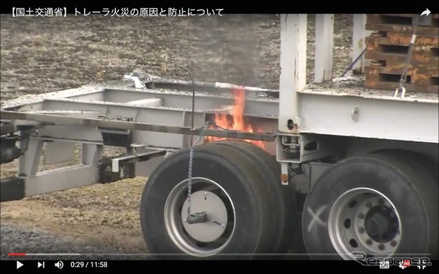 ブレーキ引き摺りによる火災事故の実験（国交省Youtube動画より）