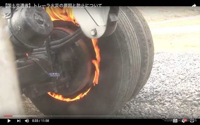 ブレーキ引き摺りによる火災事故の実験（国交省Youtube動画より）