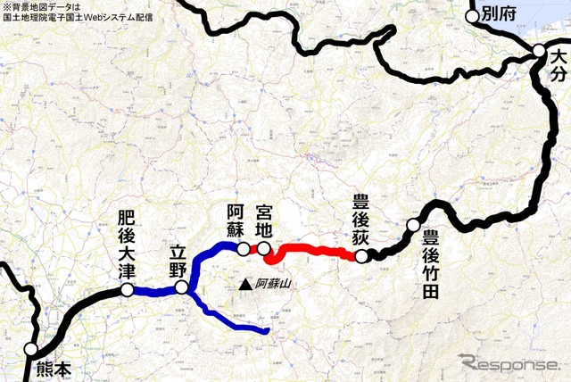 豊肥本線は7月9日に阿蘇～豊後荻間（赤）が再開予定。運休区間は肥後大津～阿蘇間（青）に縮小される。
