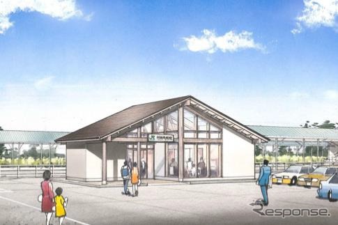 新駅舎のイメージ。都市施設と一体化した木造平屋建ての駅舎になる。