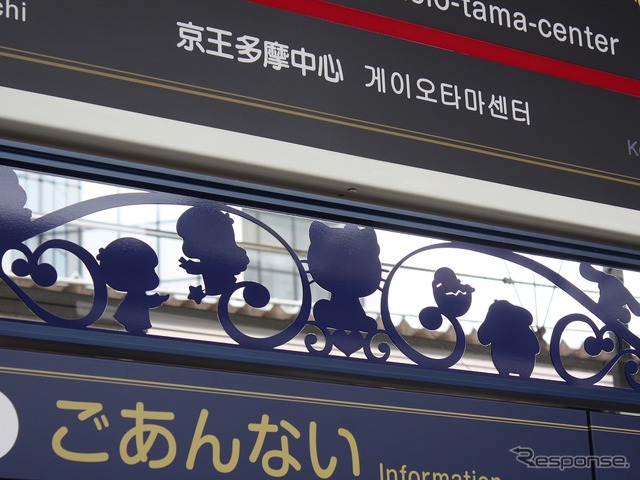 駅名標の下はサンリオのキャラクターがシルエットでデザインされている。