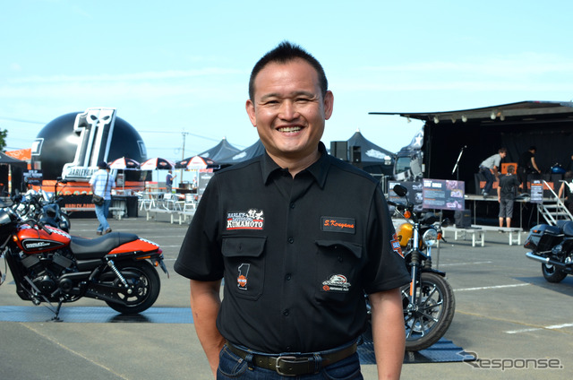ハーレーダビッドソンジャパンととともにチャリティーイベントを実現させた熊本のバイク販売店、神山モータースの神山宗一郎社長。