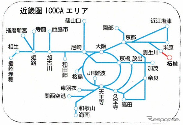 近畿圏のICOCAエリア。2018年春から草津線の貴生川～柘植間（赤）でも利用できるようになる。