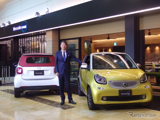 東京羽田空港のMerceds me Tokyo HANEDAで開催された発表会。人物はメルセデス・ベンツ日本の上野金太郎社長。