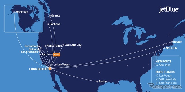 米LCCジェットブルー、ロングビーチ発着の西海岸路線を拡充へ