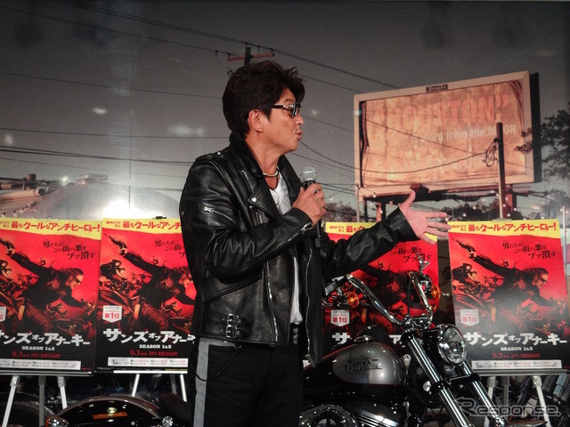 H-D新宿にておこなわれた『サンズ・オブ・アナーキー』DVD発売記念イベントに登場した俳優の哀川翔さん。