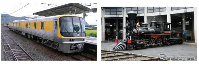 「トレインプリウス」のほか「ドクターWEST」(左)や「義経」(右)も車両工場で展示される。
