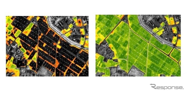 葉色マップ。近赤外域と赤色域の反射率を解析し、植物の活性を示した葉色マップを作成する。左は4月、右は7月。