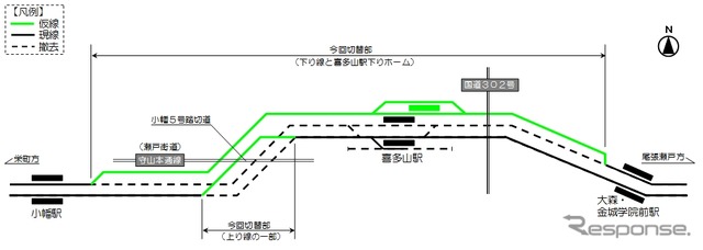 現在の線路（黒）と仮線（緑）の位置。9月17日に切り替えられる。