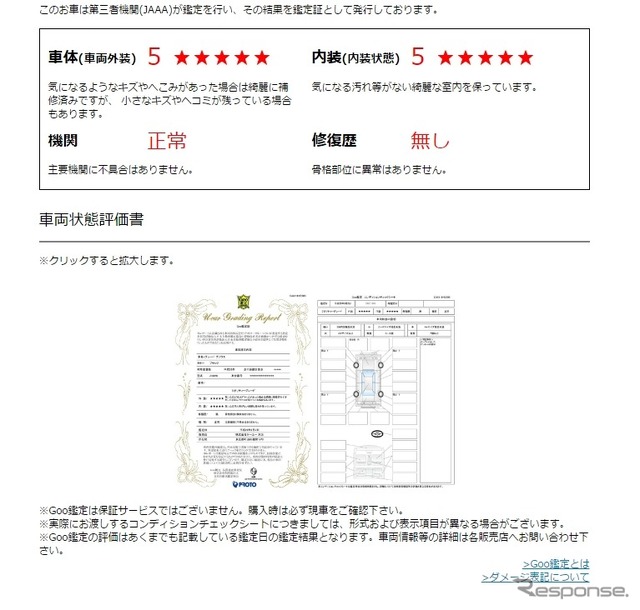 「ID車両」車両状態評価書開示イメージ