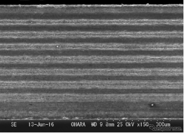 今回試作した積層型全固体リチウムイオン電池の断面構造（電子顕微鏡写真）