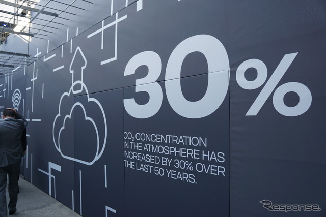 仮設通路の壁面メッセージ・その5。「過去50年間に大気中のCO2は30%増えた」