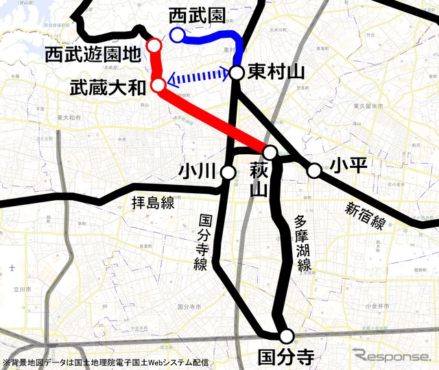 西武多摩湖線の運休区間（赤）。8月27日からバスによる代行輸送（青点線）が増強された。