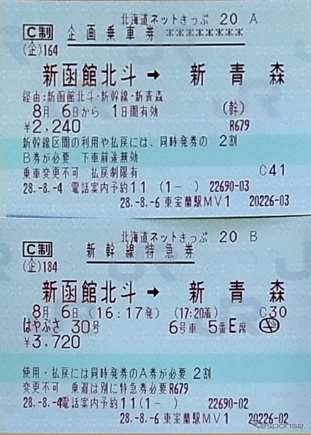 購入した「北海道ネットきっぷ」。乗車券部分と特急券部分が別々に発券された。