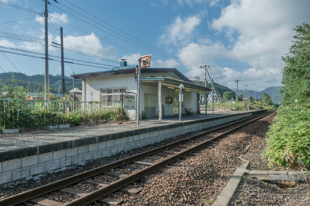 南清水沢駅のホーム。踏切が新夕張寄りに隣接。