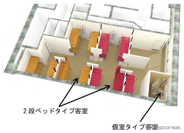 客室の鳥瞰イメージ。2段ベッドタイプと個室タイプを設ける。