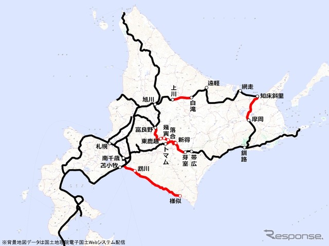 JR北海道の鉄道路線。運休中の区間（赤）は約390kmに及ぶ。