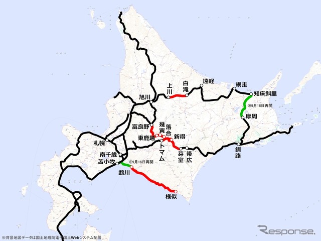 JR北海道の運休区間（赤）。釧網線は全線再開し、日高線も苫小牧～鵡川間が再開した。