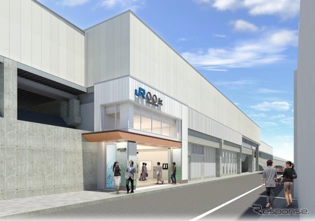 都島駅のイメージ。同駅がある城北地域を含む旧淀川には多くの渡し場があったことから、渡し舟が水面に浮いている様子を表現したという。