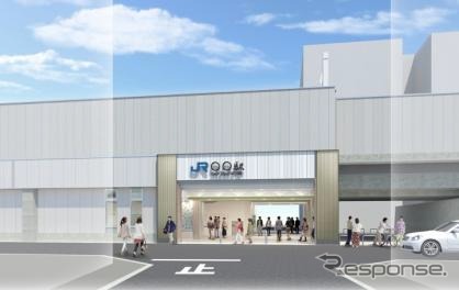 野江駅のイメージ。能のルーツの一つである榎並猿楽がこの地で発祥したことにちなみ、猿楽の衣装と能の舞台をモチーフにしてデザインしたという。