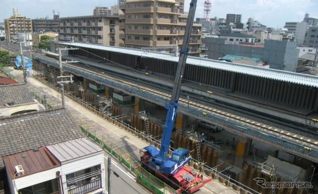 野江駅の工事の様子。4駅は全て相対式2面2線の高架駅になる。