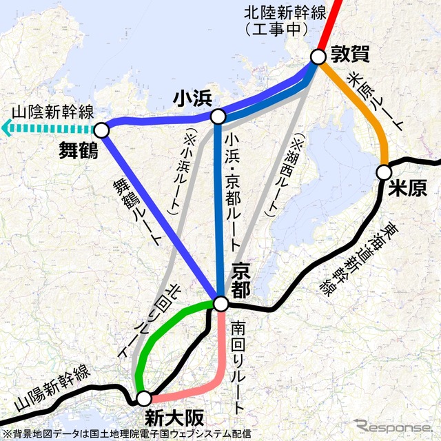 北陸新幹線敦賀以西のルート案。与党検討委は湖西ルートと小浜ルートを除く3案に絞り、年内にも結論を出す見込みだ。