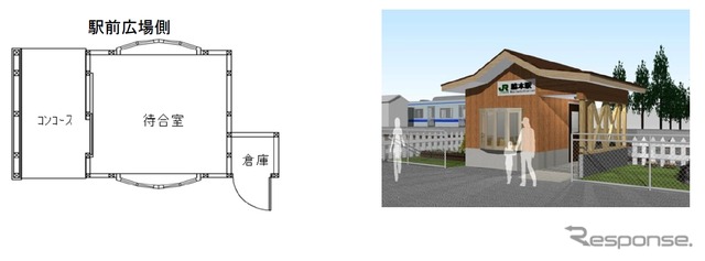 新しい脇本駅舎の平面図（左）とイメージ（右）。屋根の形は近くにある山をイメージしたという。