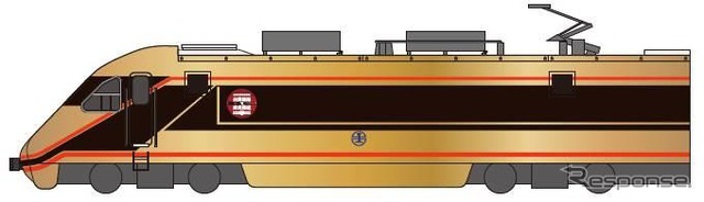 E1000形「日光詣スペーシア」デザイン車両の側面。先頭車には共通デザインの記念エンブレムが掲出される。