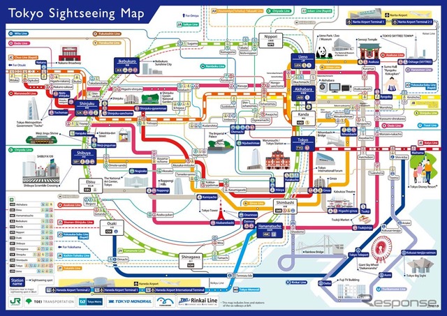 訪日客向け観光マップ「Tokyo Sightseeing Map」のイメージ（表面）。10月から配布される。