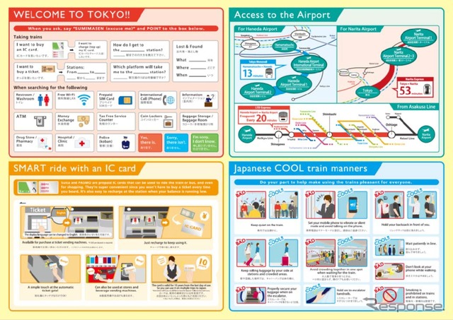 訪日客向け観光マップ「Tokyo Sightseeing Map」のイメージ（裏面）。鉄道利用時のマナーなども掲載されている。