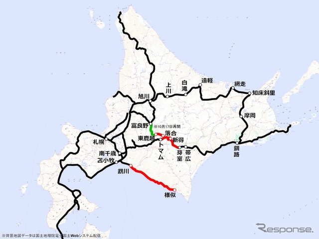 JR北海道の運休区間（赤）。根室本線の富良野～東鹿越間（緑）は10月17日に再開する。