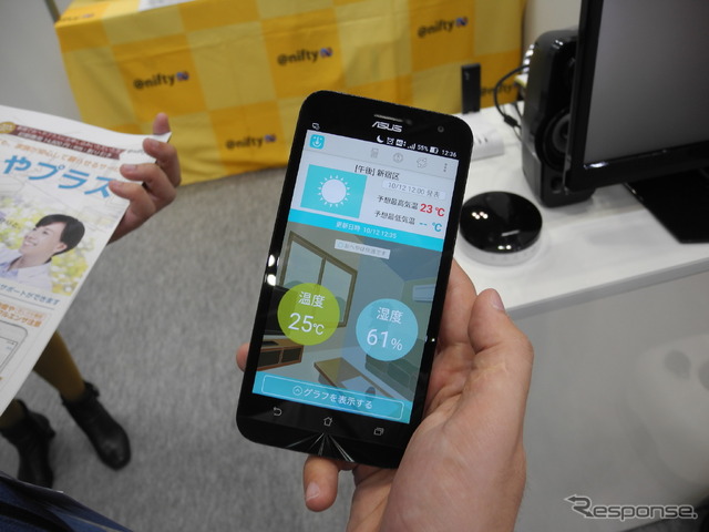 ニフティの「おへやプラス」では離れたところから家の室内の温度と湿度がスマホで確認できる