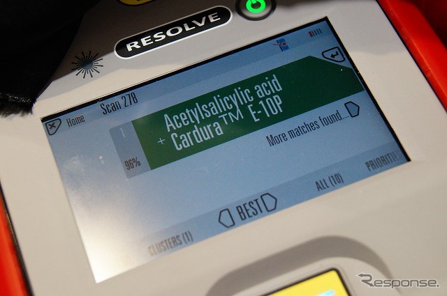 成分名がモニターに表示される。容器に入っていたのはアスピリン(頭痛薬)でした。
