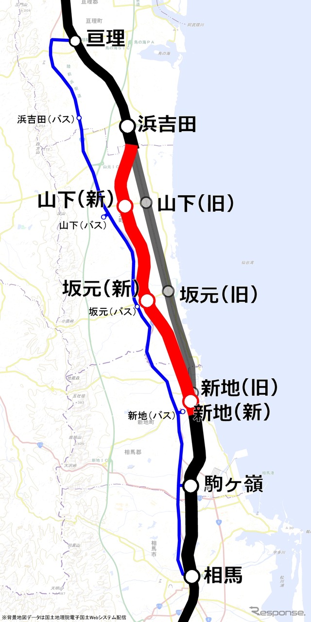 相馬～浜吉田間の路線図。新地駅付近から浜吉田付近まで内陸寄りにルートを変更する。