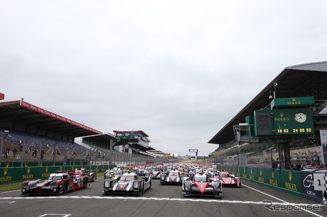 今年のルマンのスターティンググリッドに並ぶアウディR18（最前列左）、ポルシェ919（同中央）、トヨタTS050（同右）