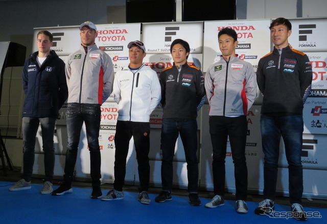 予選前日、金曜会見に臨んだタイトル有力候補6人。左からバンドーン、ロッテラー、関口雄飛、国本雄資、中嶋一貴、石浦宏明。