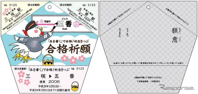 「祈念きっぷ」のデザイン。表面(左)には「五」を書く酉が描かれ、裏面(右)は願い事を書くスペースが設けられている。