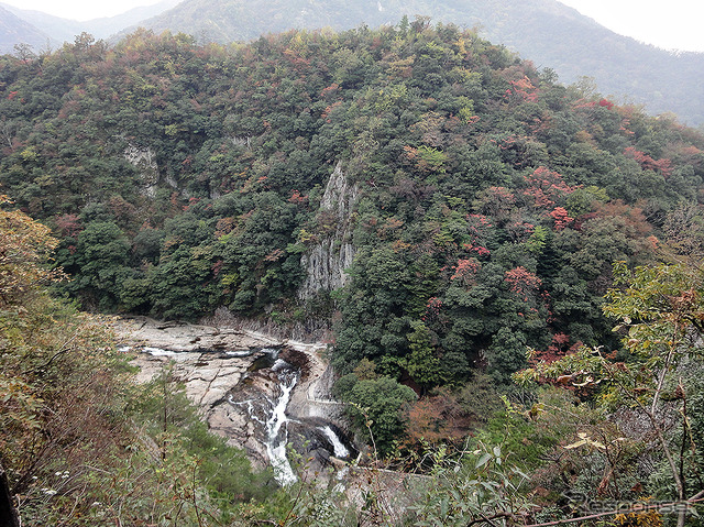島根県邑南町の山間にある「断魚渓」。三江線が寄り添う江の川へと注ぐ